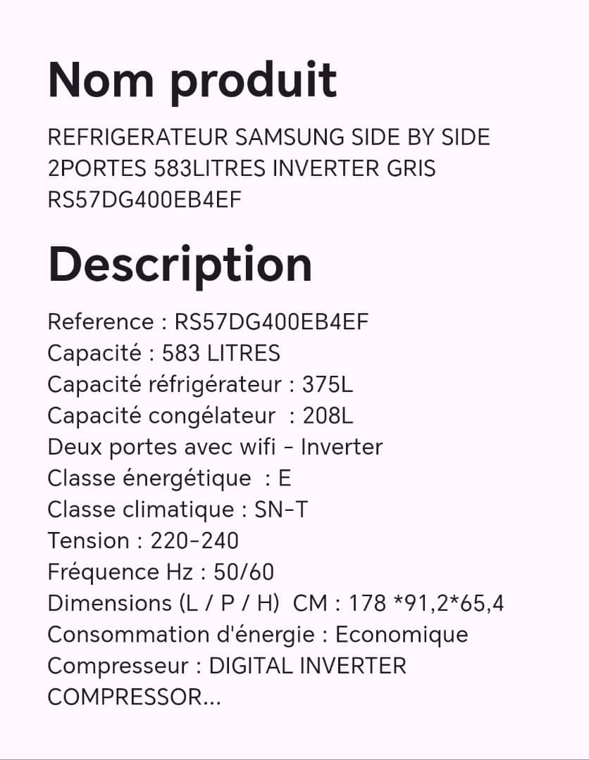 Réfrigérateur SAMSUNG SIDE BY SIDE 2portes 583 litres INVERTER gris RS57DG400EB4EF Réfrigérateur SAMSUNG SIDE BY SIDE 2portes 583 litres INVERTER gris RS57DG400EB4EF