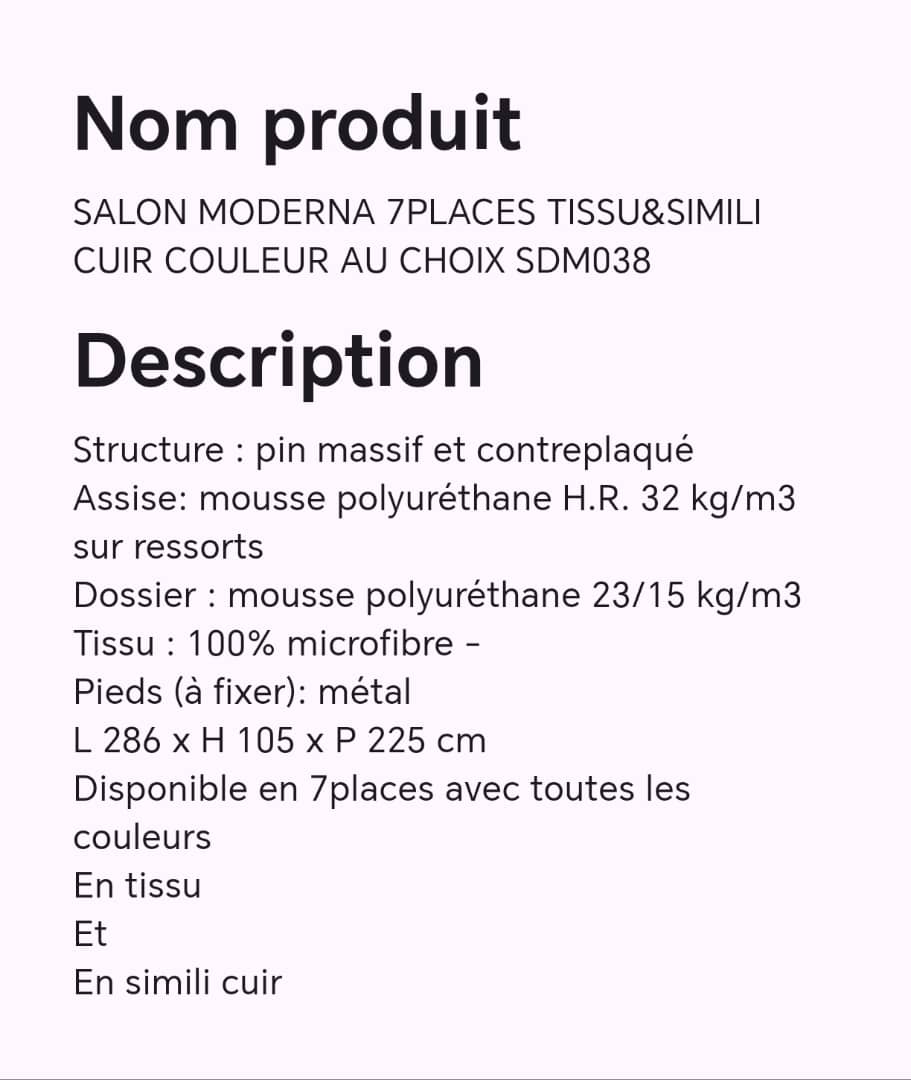 SALON MODERNA 7PLACES TISSU&SIMILI CUIR COULEUR AU CHOIX SDM038 SALON MODERNA 7PLACES TISSU&SIMILI CUIR COULEUR AU CHOIX SDM038