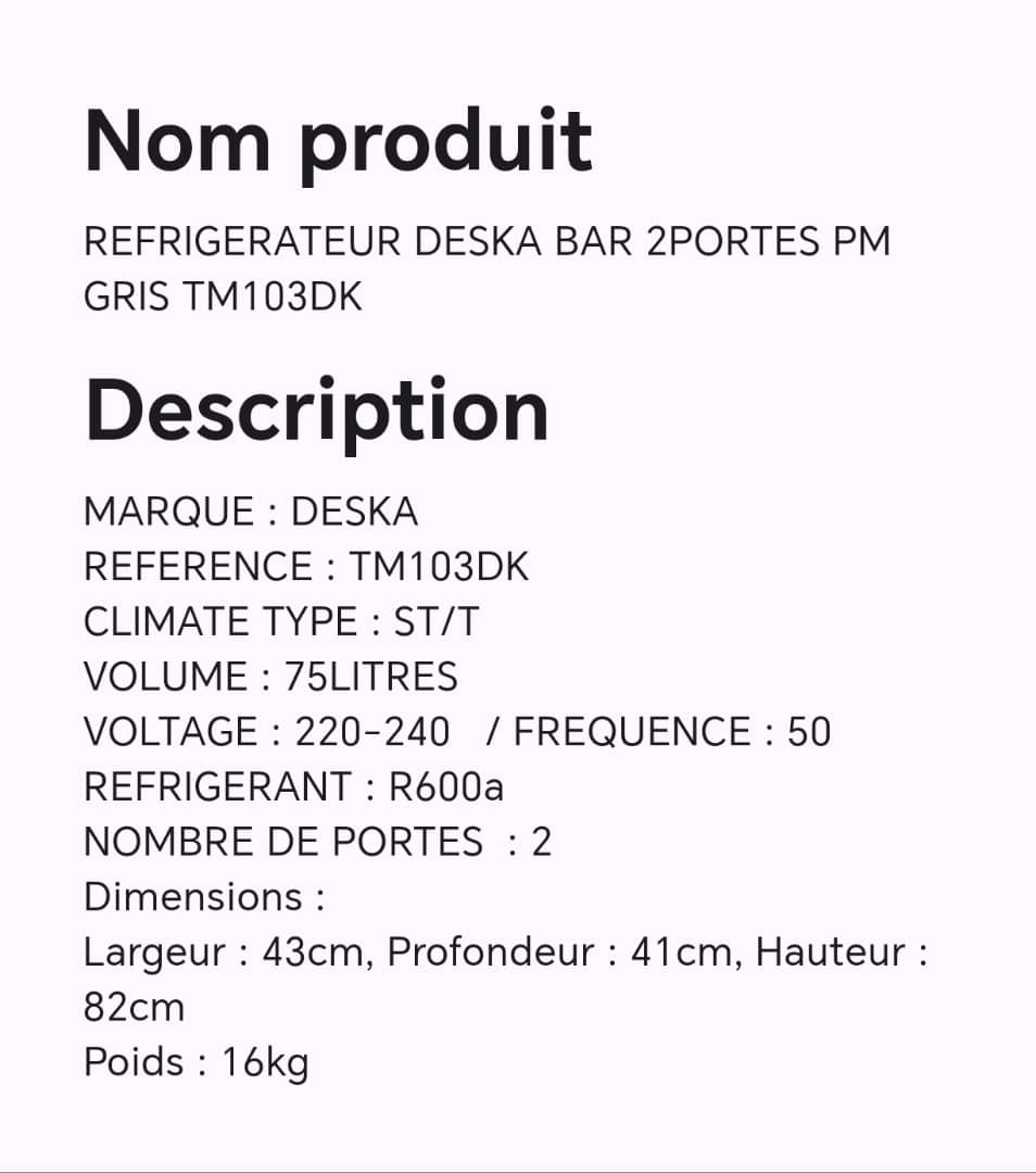 Réfrigérateur DESKA BAR 2portes PM gris TM103DK Réfrigérateur DESKA BAR 2portes PM gris TM103DK