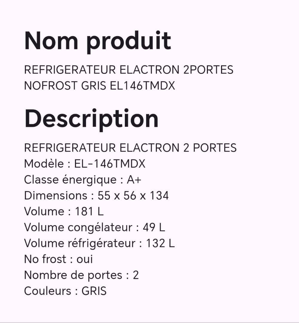 Réfrigérateur elactron 2portes NOFROST gris EL146TMDX Réfrigérateur elactron 2portes NOFROST gris EL146TMDX