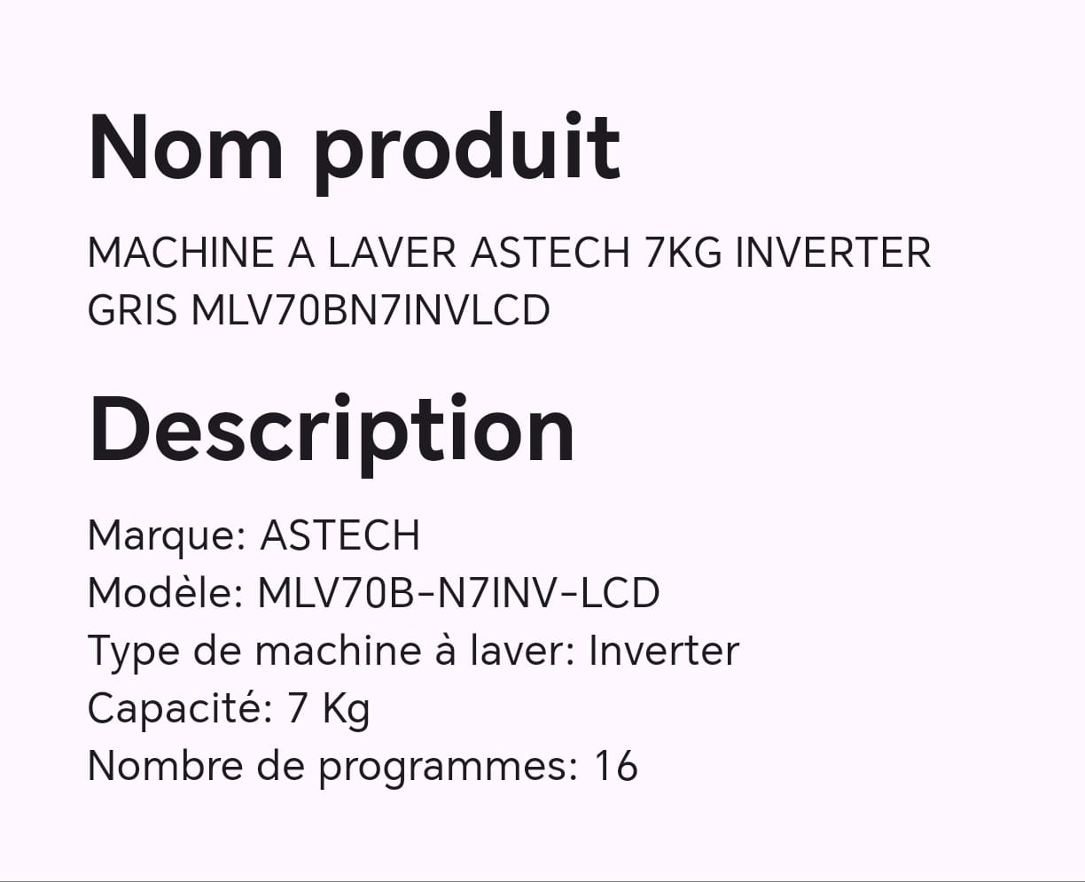 MACHINE A LAVER ASTECH 7KG INVERTER GRIS MLV70BN7INVLCD MACHINE A LAVER ASTECH 7KG INVERTER GRIS MLV70BN7INVLCD