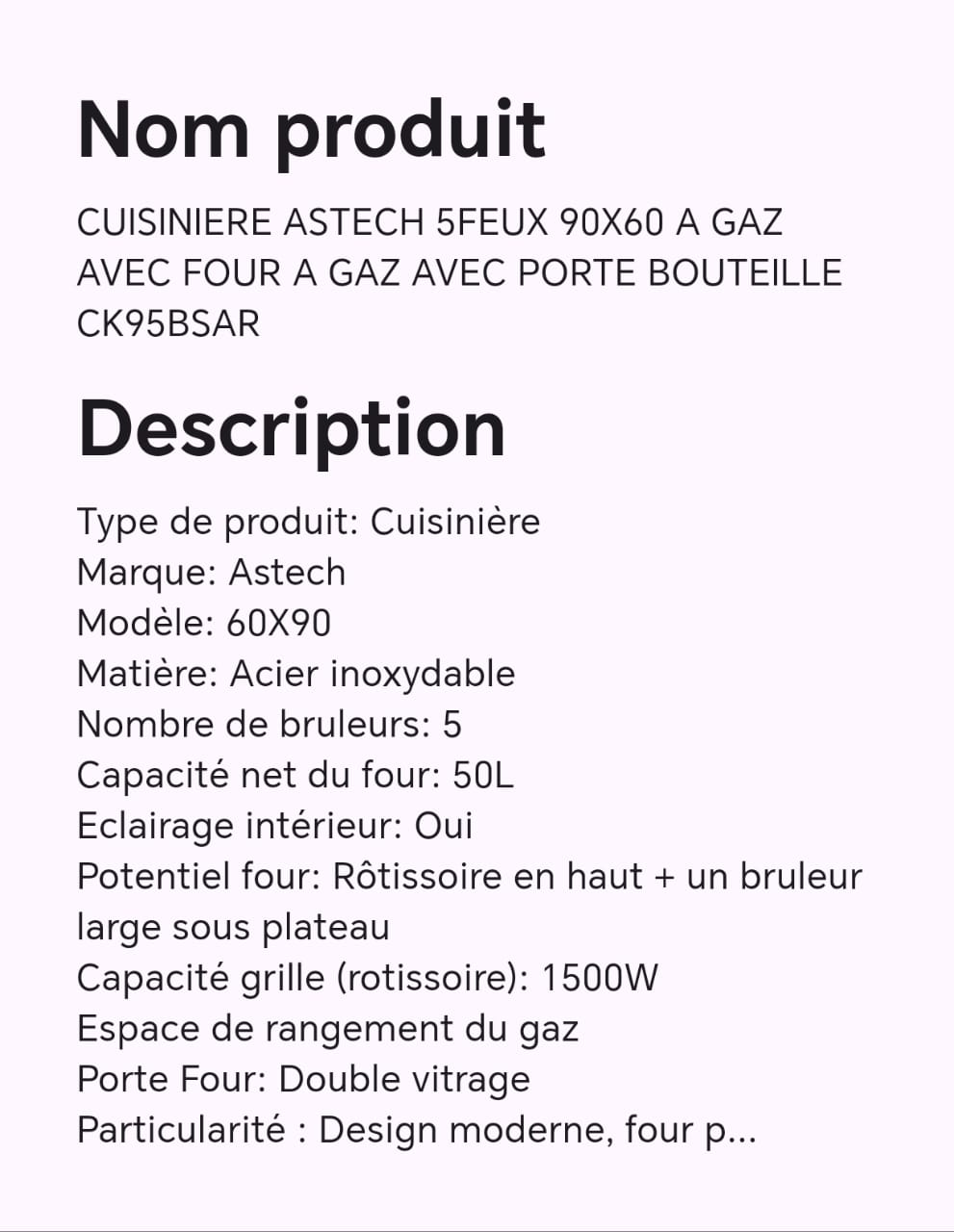 CUISINIERE ASTECH 5FEUX 90X60 A GAZ AVEC FOUR A GAZ AVEC PORTE BOUTEILLE CK95BSAR CUISINIERE ASTECH 5FEUX 90X60 A GAZ AVEC FOUR A GAZ AVEC PORTE BOUTEILLE CK95BSAR