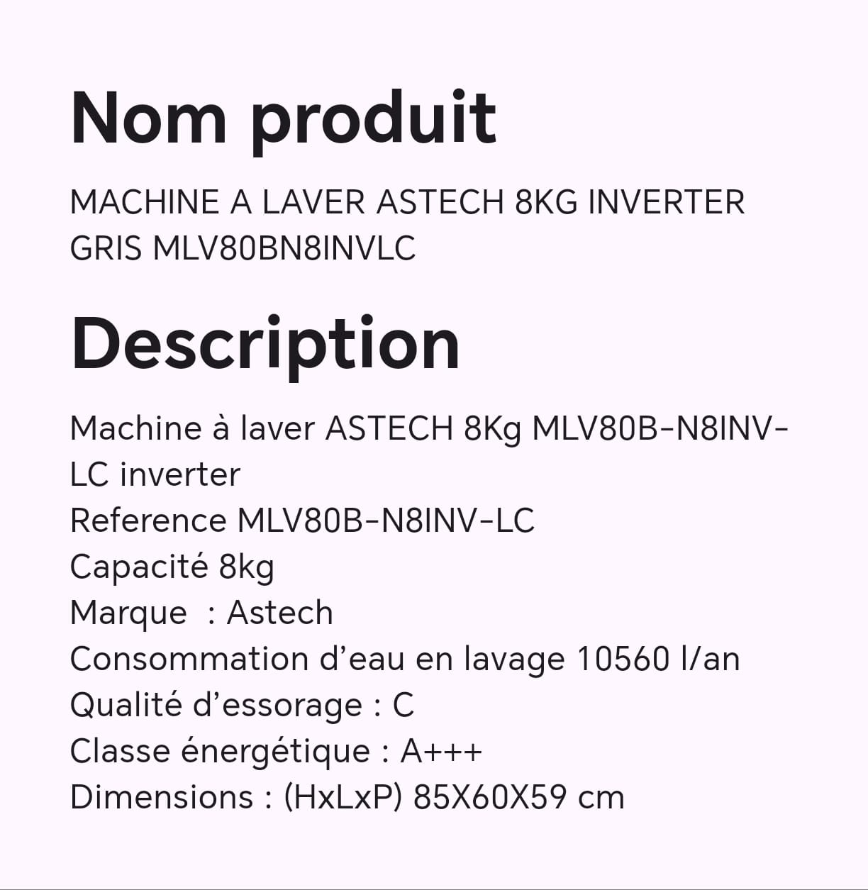 MACHINE A LAVER ASTECH 8KG INVERTER GRIS MLV80BN8INVLC MACHINE A LAVER ASTECH 8KG INVERTER GRIS MLV80BN8INVLC