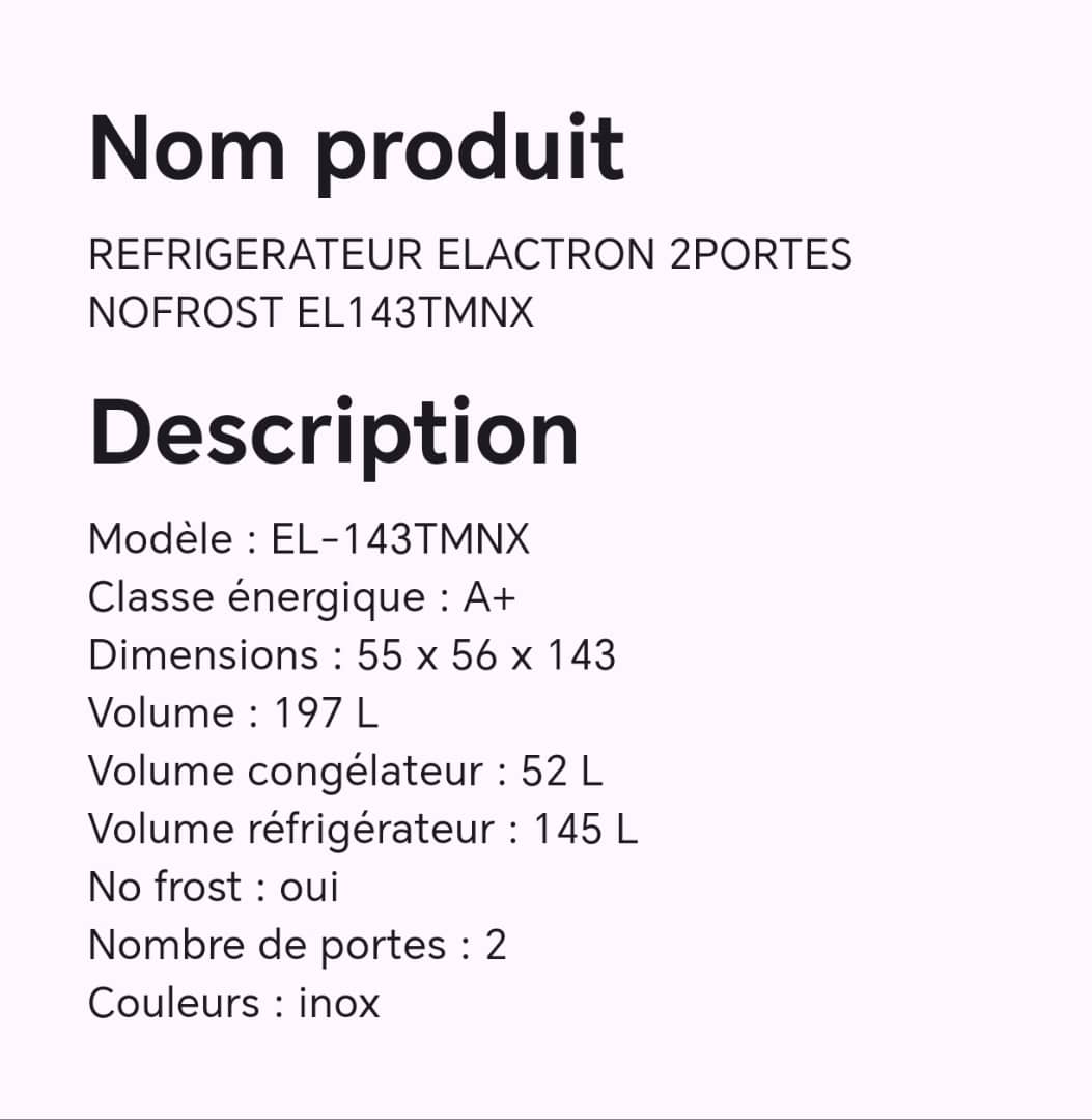 Réfrigérateur elactron 2portes NOFROST EL143TMNX Réfrigérateur elactron 2portes NOFROST EL143TMNX