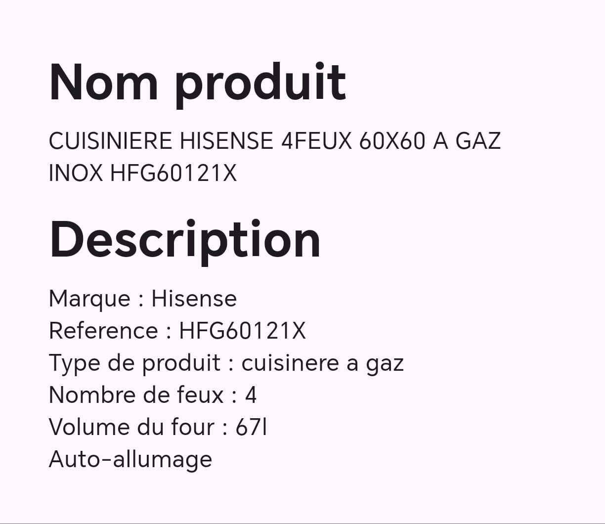 CUISINIERE HISENSE 4FEUX 60X60 A GAZ INOX HFG60121X CUISINIERE HISENSE 4FEUX 60X60 A GAZ INOX HFG60121X