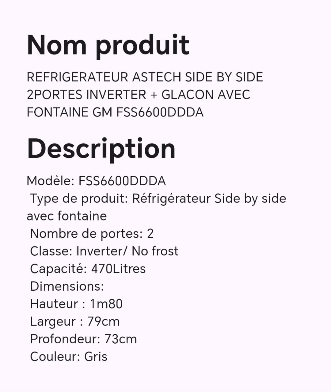 Réfrigérateur ASTECH SIDE BY SIDE 2portes INVERTER+ glaçon avec fontaine GM FSS6600DDDA Réfrigérateur ASTECH SIDE BY SIDE 2portes INVERTER+ glaçon avec fontaine GM FSS6600DDDA