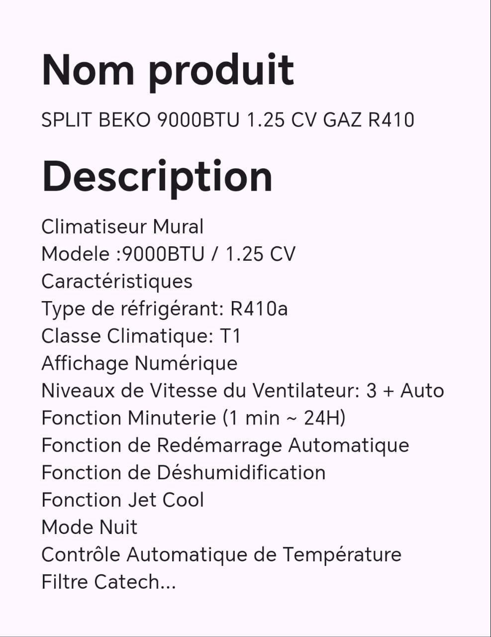 SPLIT BEKO 9000BTU 1.25 CV GAZ R410 SPLIT BEKO 9000BTU 1.25 CV GAZ R410