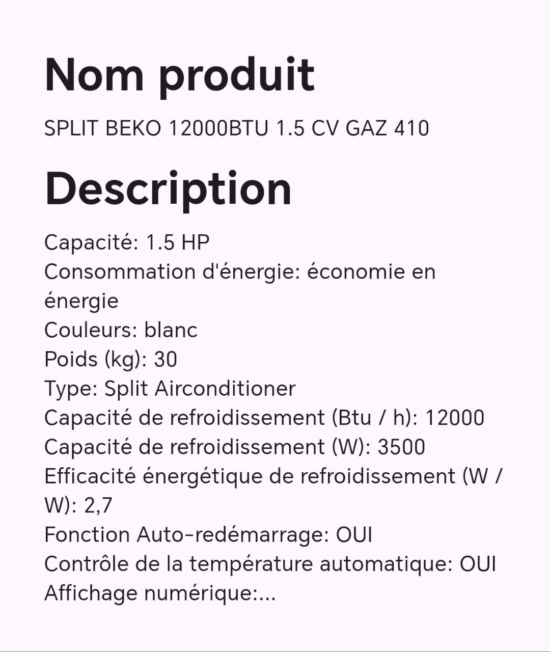 SPLIT BEKO 12000BTU 1.5 CV GAZ 410 SPLIT BEKO 12000BTU 1.5 CV GAZ 410