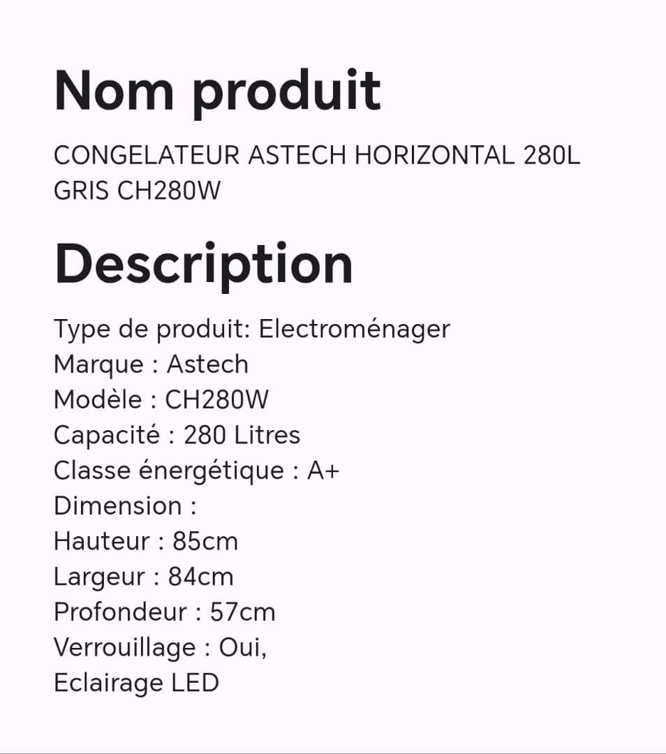 CONGELATEUR ASTECH HORIZONTAL 280L GRIS CH280W CONGELATEUR ASTECH HORIZONTAL 280L GRIS CH280W