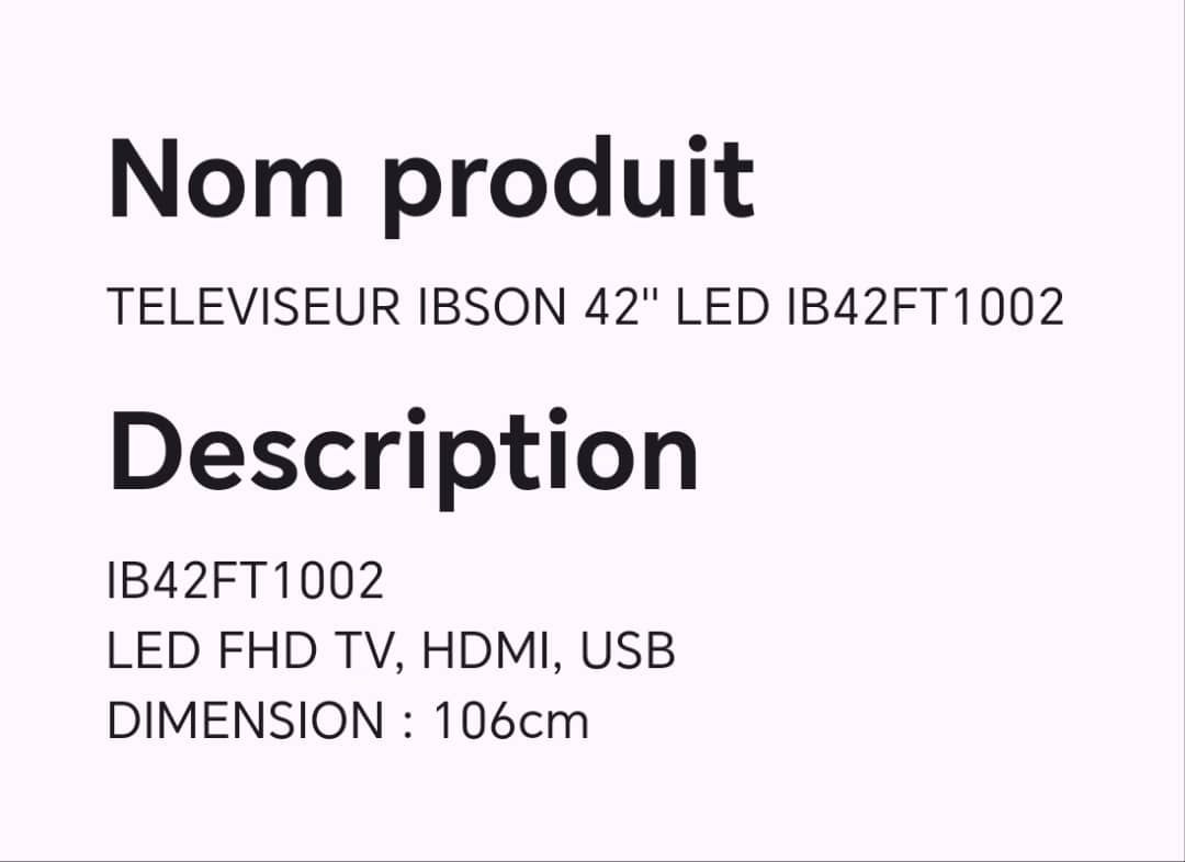 TELEVISEUR IBSON 42" LED IB42FT1002 TELEVISEUR IBSON 42" LED IB42FT1002