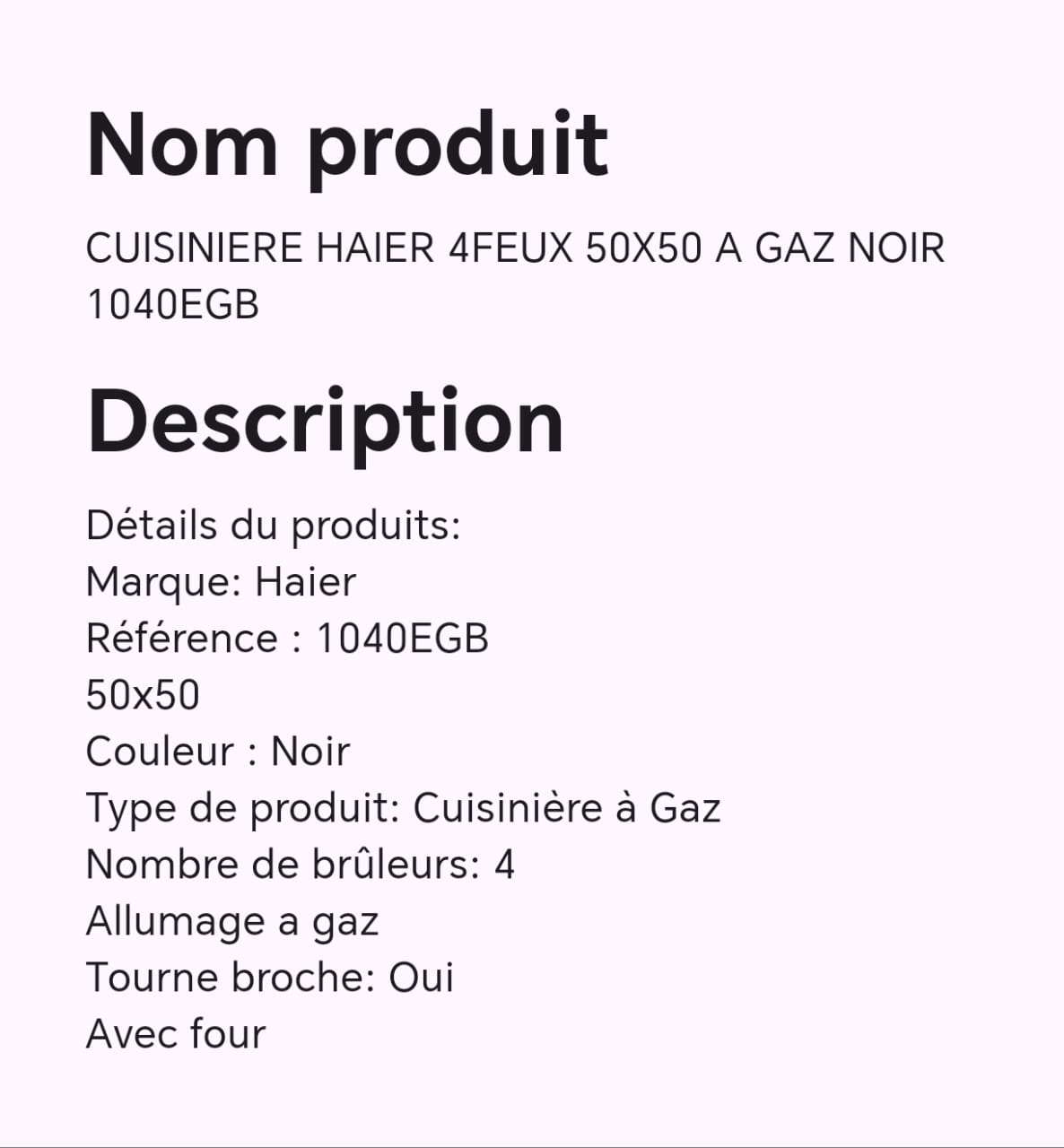 CUISINIERE HAIER 4FEUX 50X50 A GAZ NOIR 1040EGB CUISINIERE HAIER 4FEUX 50X50 A GAZ NOIR 1040EGB
