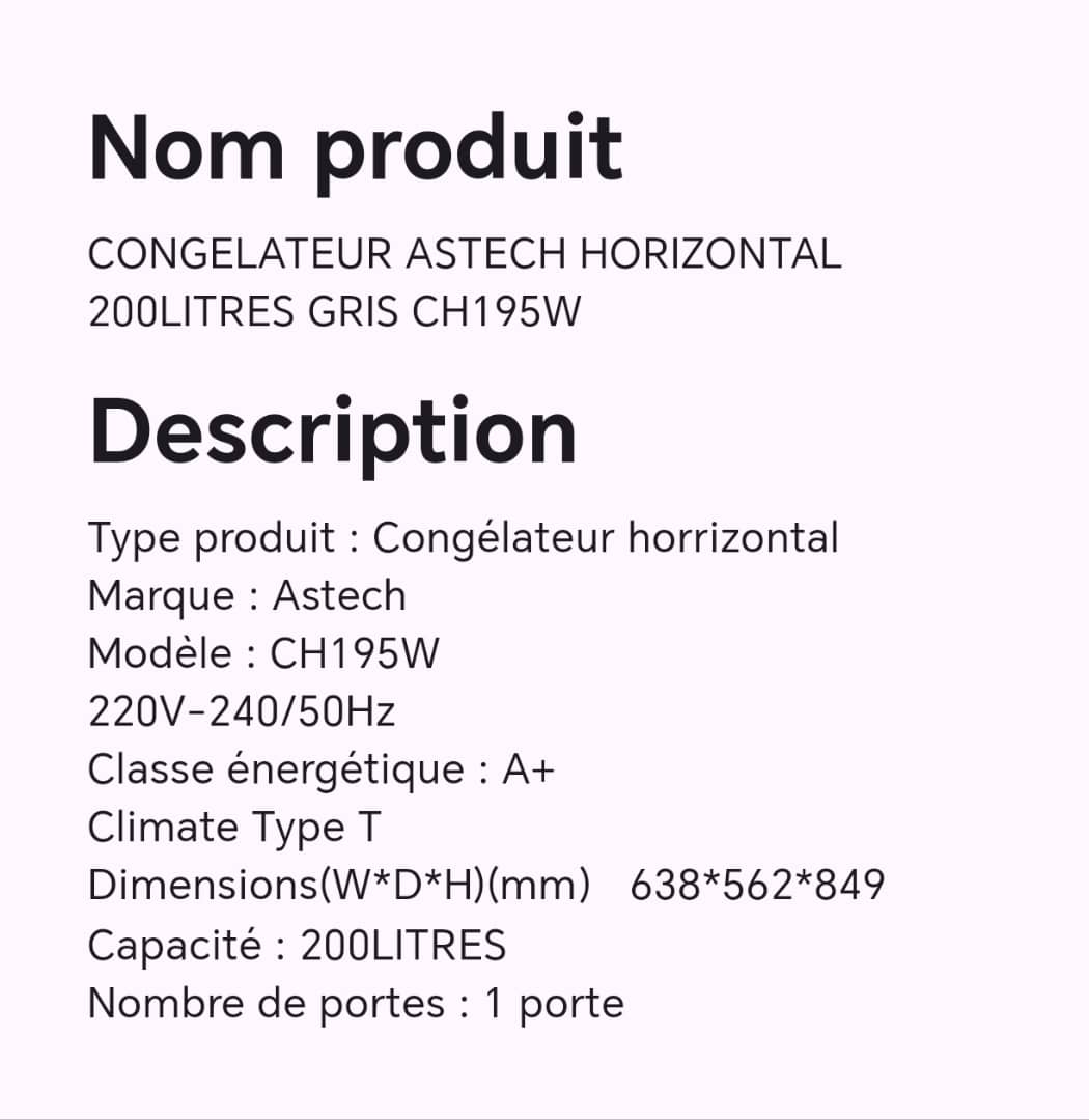 CONGELATEUR ASTECH HORIZONTAL 200LITRES GRIS CH195W CONGELATEUR ASTECH HORIZONTAL 200LITRES GRIS CH195W