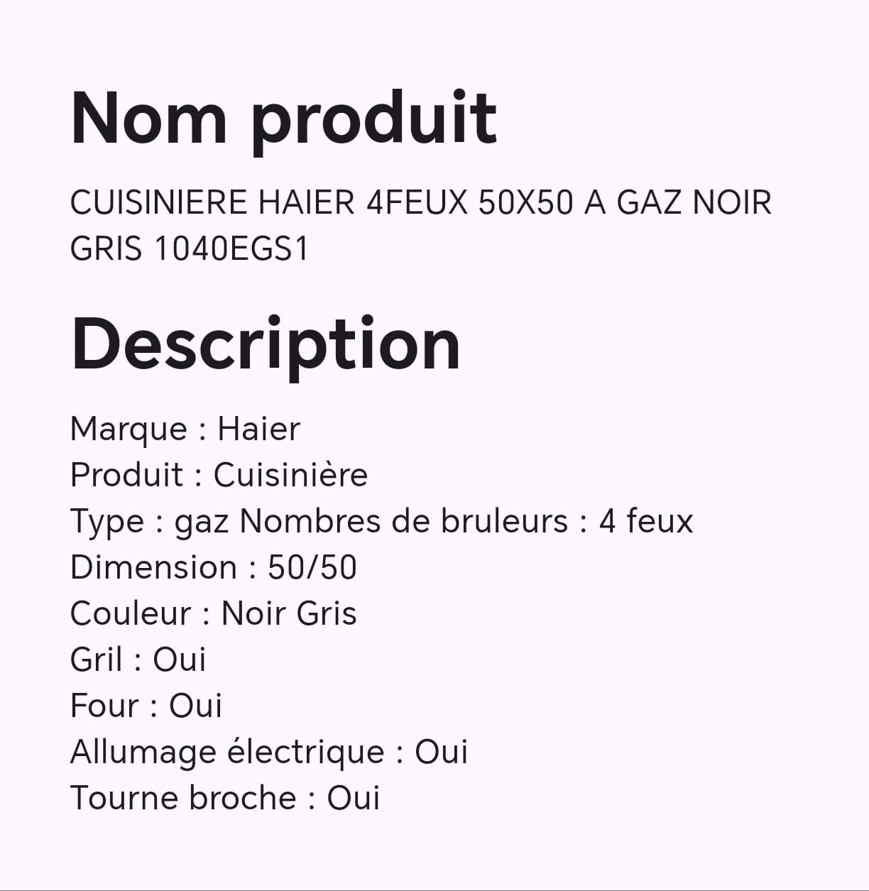 CUISINIERE HAIER 4FEUX 50X50 A GAZ NOIR GRIS 1040EGS1 CUISINIERE HAIER 4FEUX 50X50 A GAZ NOIR GRIS 1040EGS1