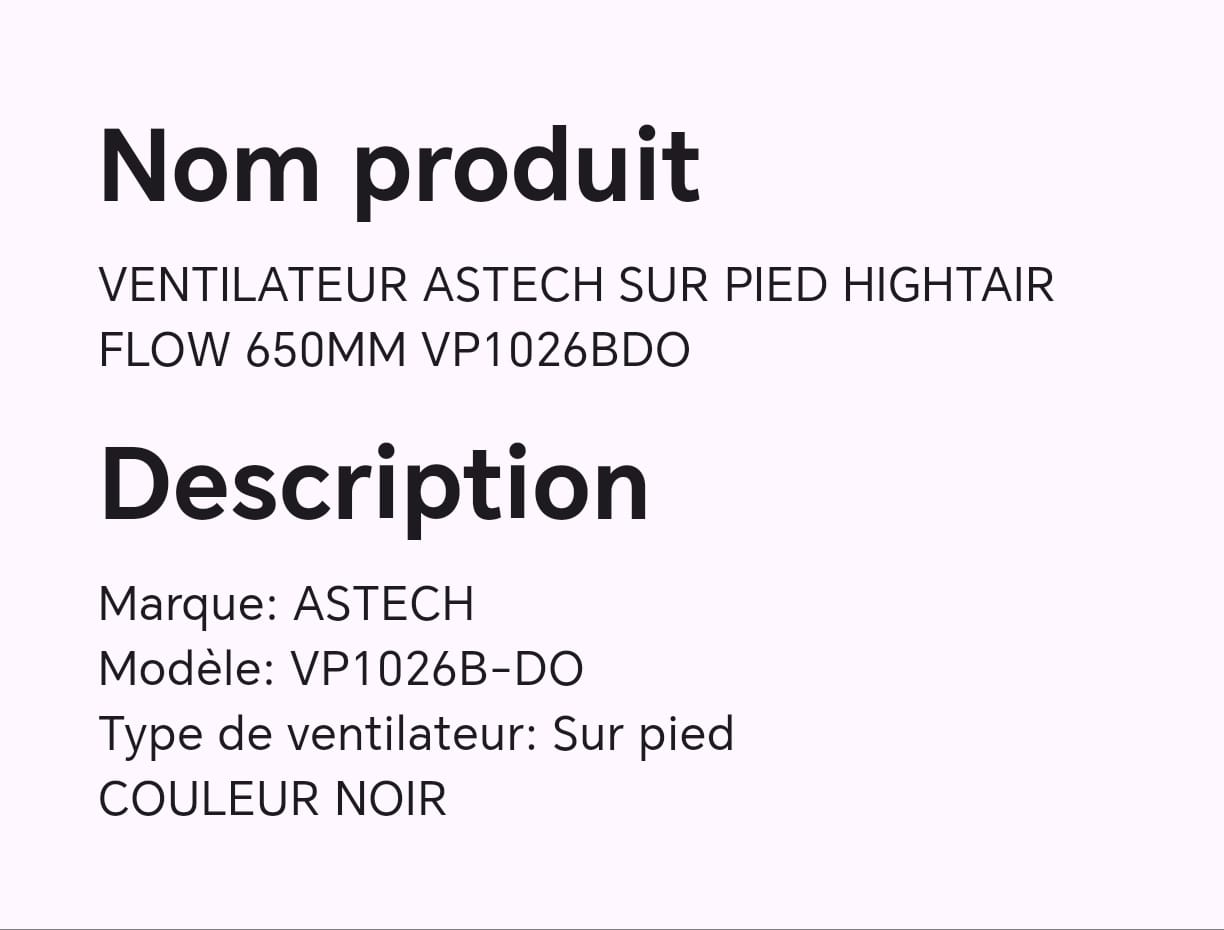 Ventilateur ASTECH sur pied HIGHTAIR flow 650MM VP1026BD0 Ventilateur ASTECH sur pied HIGHTAIR flow 650MM VP1026BD0