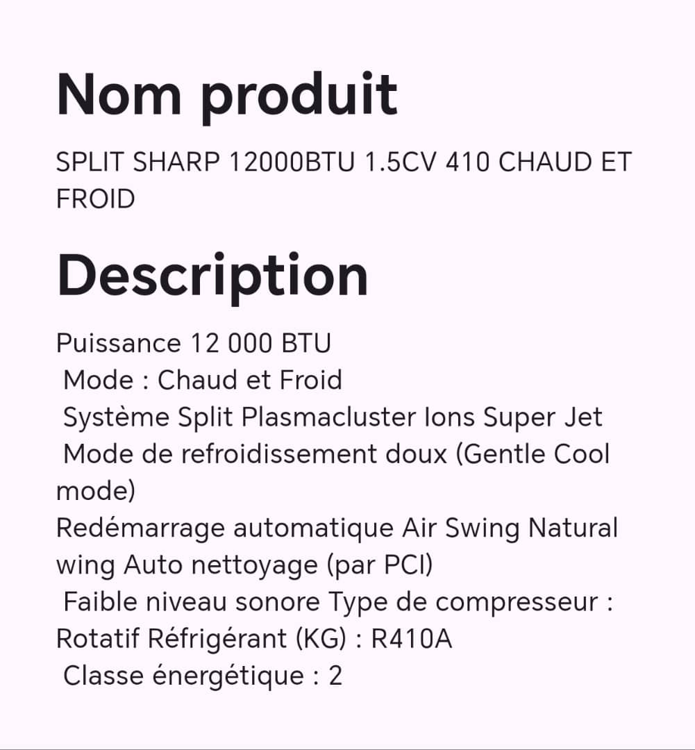 SPLIT SHARP 12000BTU 1.5 CV 410 CHAUD ET FROID SPLIT SHARP 12000BTU 1.5 CV 410 CHAUD ET FROID