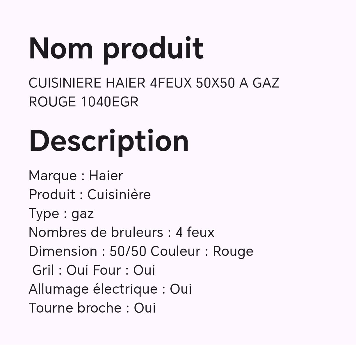 CUISINIERE HAIER 4FEUX 50X50 A GAZ ROUGE 1040EGR CUISINIERE HAIER 4FEUX 50X50 A GAZ ROUGE 1040EGR