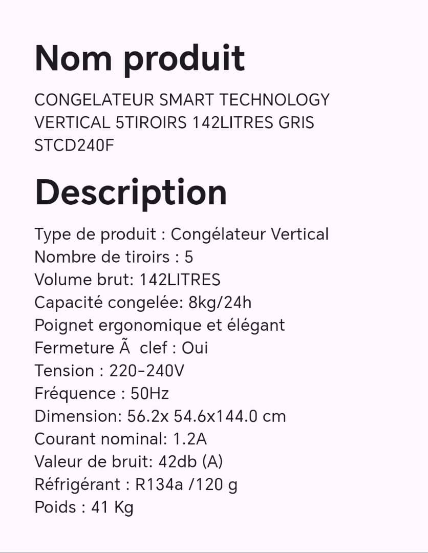 CONGELATEUR SMART TECHNOLOGY VERTICAL 5TIROIRS 142LITRES GRIS STCD240F CONGELATEUR SMART TECHNOLOGY VERTICAL 5TIROIRS 142LITRES GRIS STCD240F