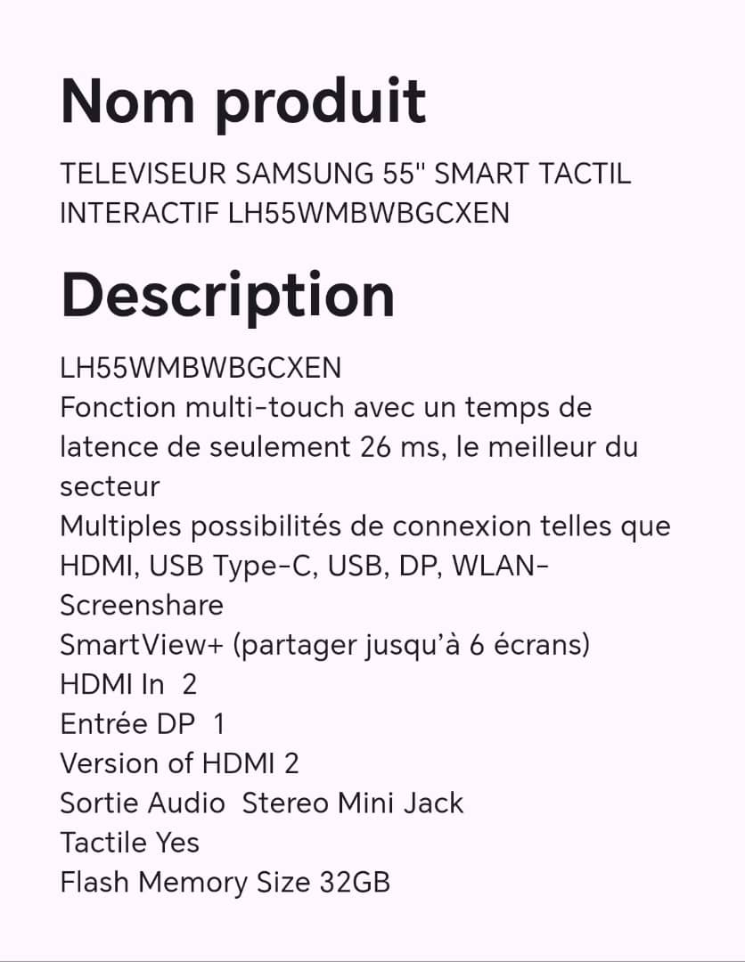 TELEVISEUR SAMSUNG 55" SMART TACTIL INTERACTIF LH55WMBWBGCXEN TELEVISEUR SAMSUNG 55" SMART TACTIL INTERACTIF LH55WMBWBGCXEN