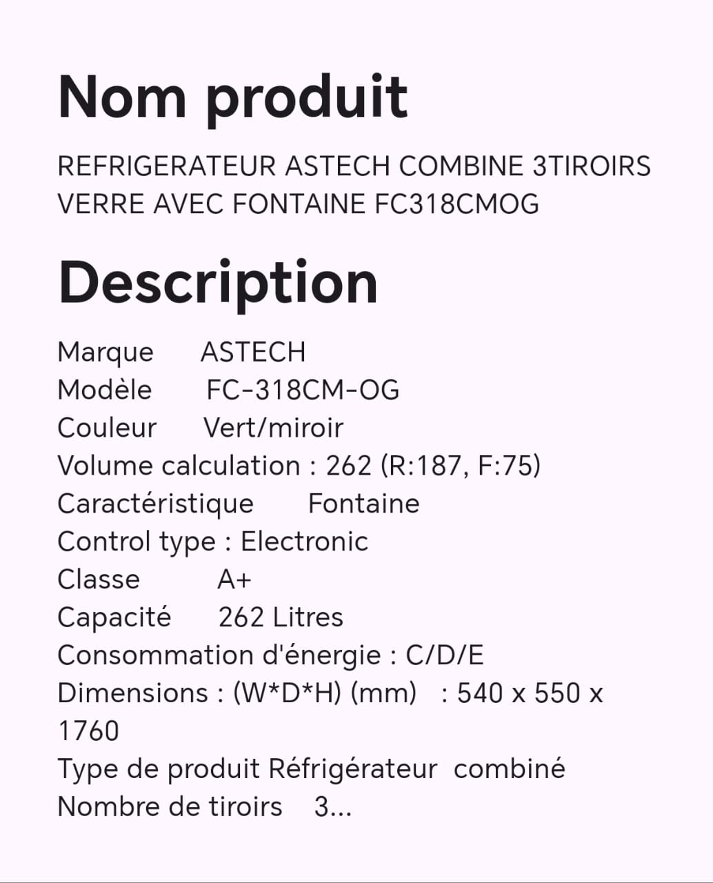 Réfrigérateur ASTECH combine 3tiroirs verre avec fontaine FC318CMOG Réfrigérateur ASTECH combine 3tiroirs verre avec fontaine FC318CMOG