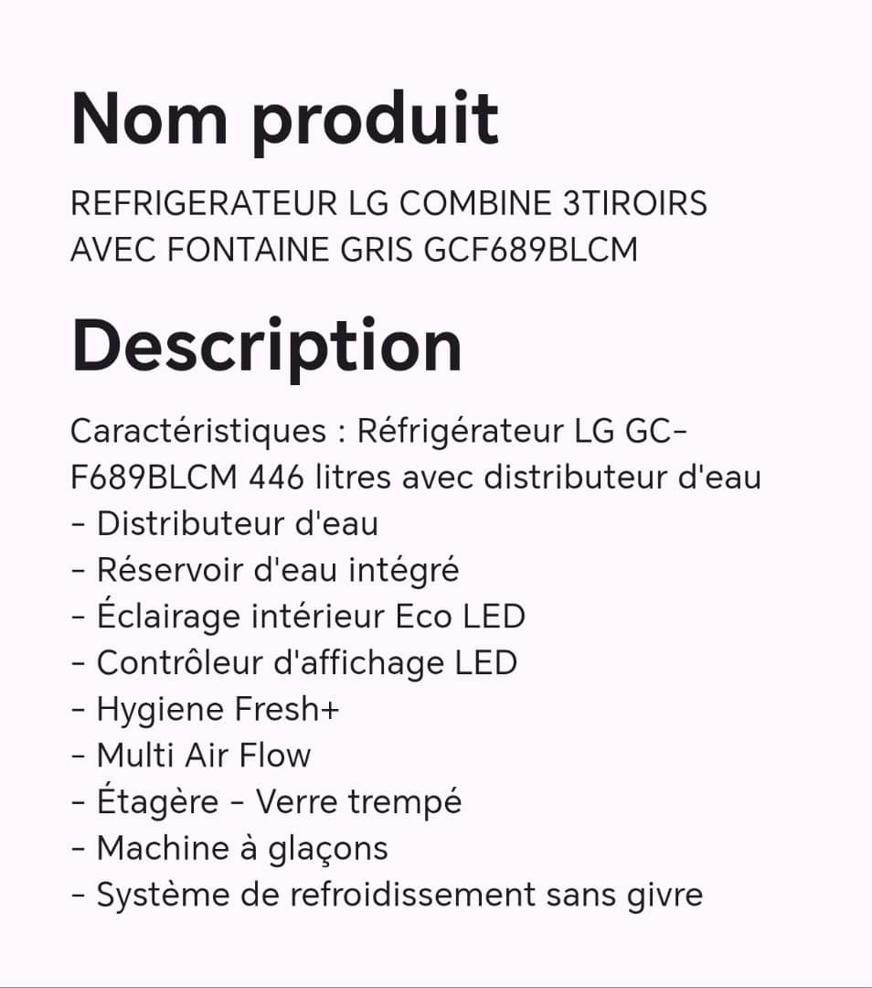Réfrigérateur LG combine 3tiroirs avec fontaine gris GCF689BLCM Réfrigérateur LG combine 3tiroirs avec fontaine gris GCF689BLCM