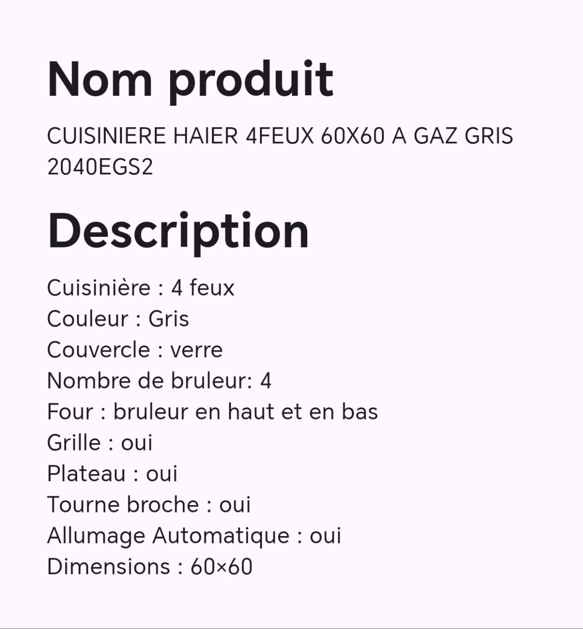 CUISINIERE HAIER 4FEUX 60X60 A GAZ GRIS 2040EGS2 CUISINIERE HAIER 4FEUX 60X60 A GAZ GRIS 2040EGS2
