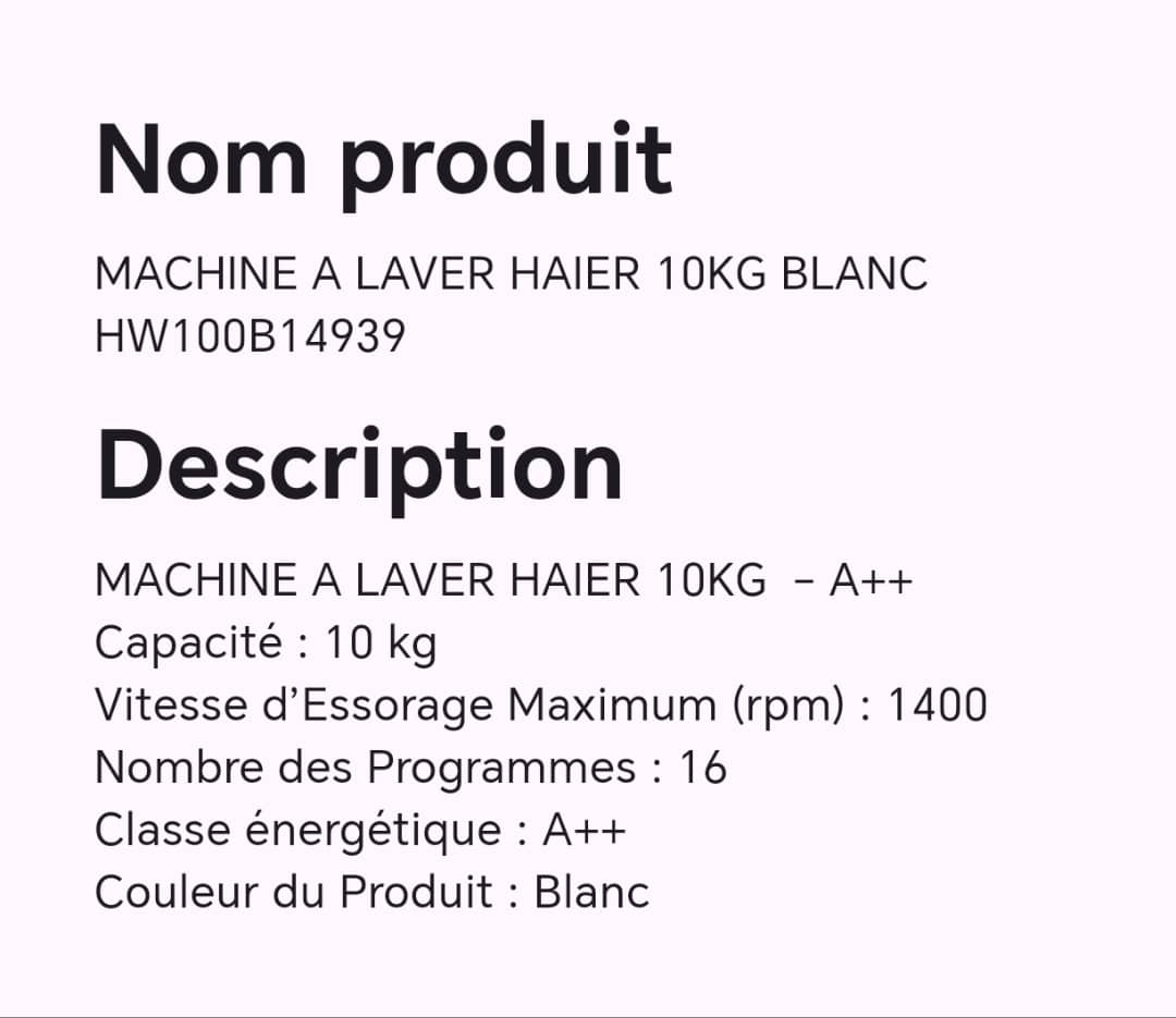 MACHINE A LAVER HAIER 10KG BLANC HW100B14939 MACHINE A LAVER HAIER 10KG BLANC HW100B14939