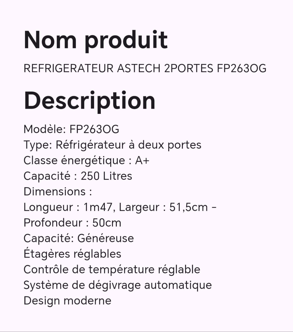 Réfrigérateur ASTECH 2portes FP2630G Réfrigérateur ASTECH 2portes FP2630G