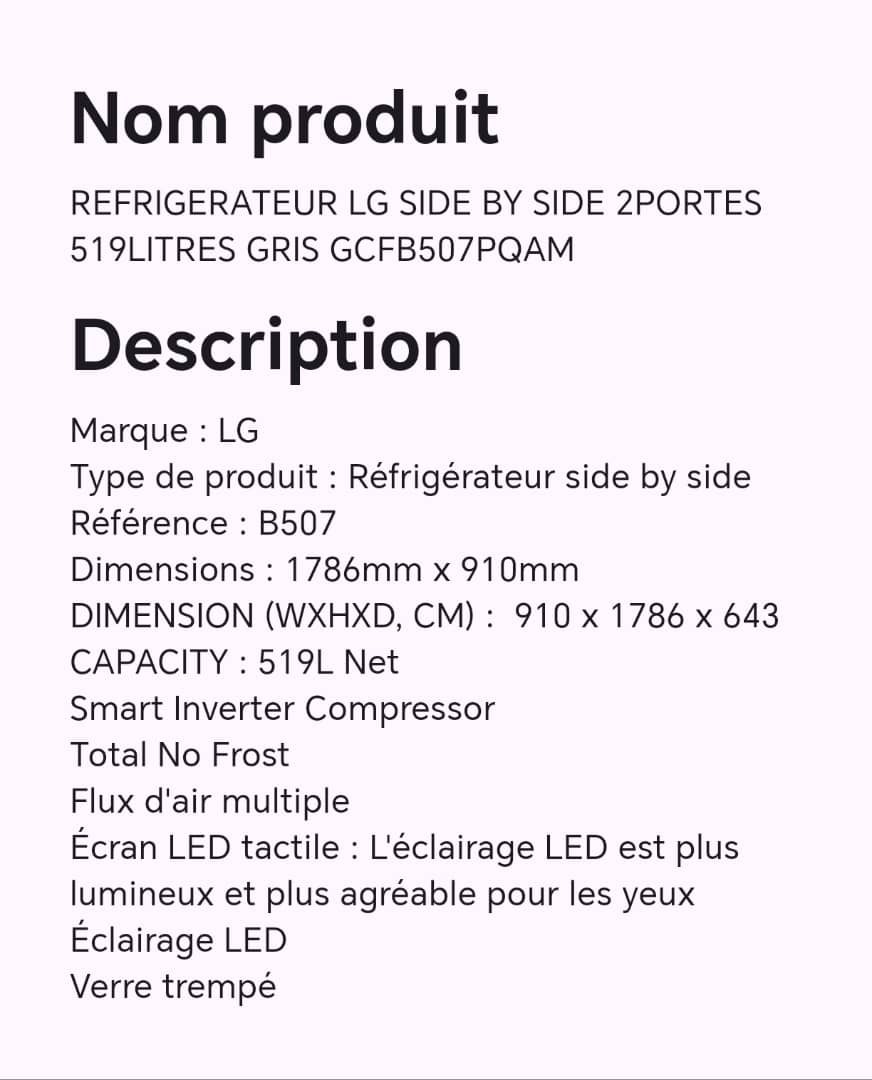 REFRIGERATEUR LG SIDE BY SIDE 2portes 519 LITRES GRIS GCFB507PQAM REFRIGERATEUR LG SIDE BY SIDE 2portes 519 LITRES GRIS GCFB507PQAM