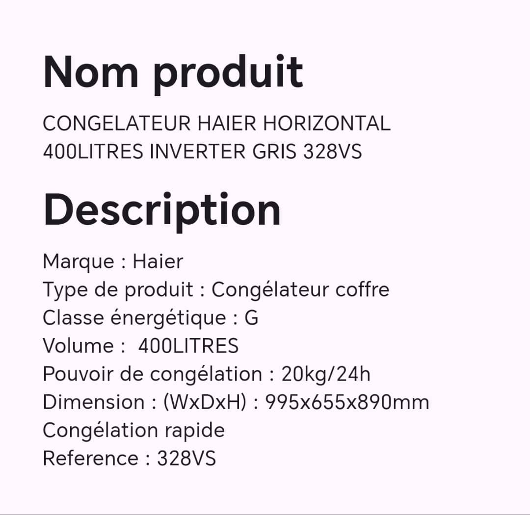 CONGELATEUR HAIER HORIZONTAL 400LITRES INVERTER GRIS 328VS CONGELATEUR HAIER HORIZONTAL 400LITRES INVERTER GRIS 328VS