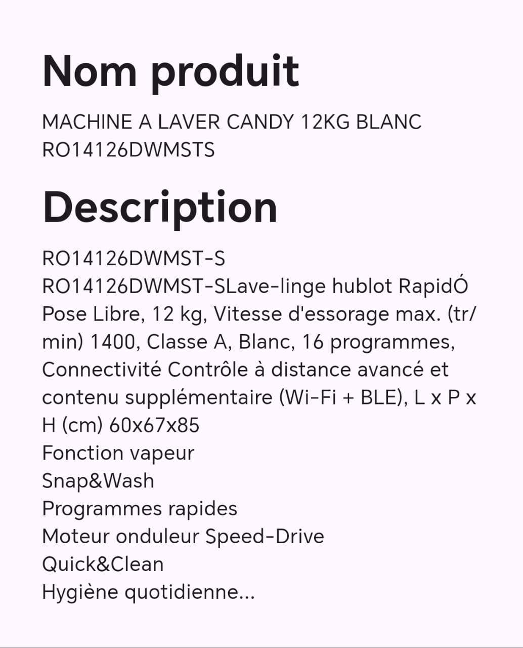 MACHINE A LAVER CANDY 12KG BLANC RO14126DWMSTS MACHINE A LAVER CANDY 12KG BLANC RO14126DWMSTS