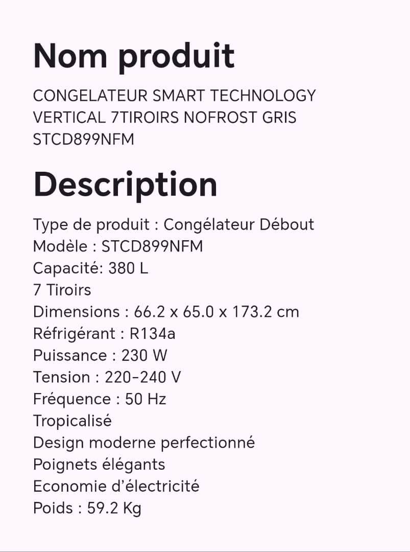 CONGELATEUR SMART TECHNOLOGY VERTICAL 7TIROIRS NOFROST GRIS STCD899NFM CONGELATEUR SMART TECHNOLOGY VERTICAL 7TIROIRS NOFROST GRIS STCD899NFM