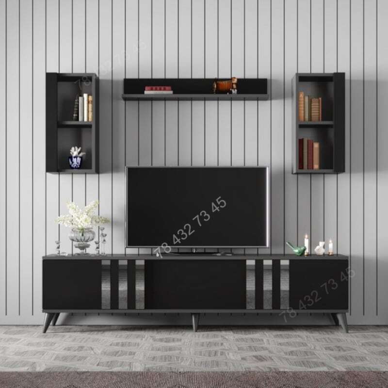 Meuble TV Noir Avec Bandes Argentées - 1m80 Meuble TV Noir Avec Bandes Argentées - 1m80