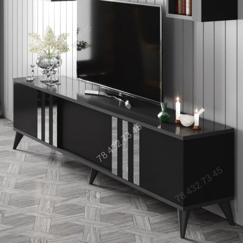 Meuble TV Noir Avec Bandes Argentées - 1m80 Meuble TV Noir Avec Bandes Argentées - 1m80