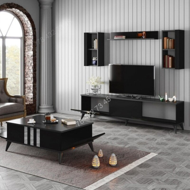 Meuble TV + Table Basse - Noir Gris - 1m80 Meuble TV + Table Basse - Noir Gris - 1m80
