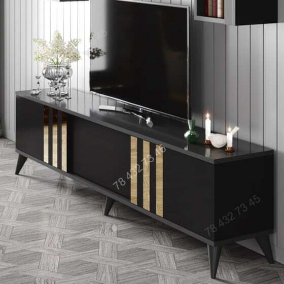 Meuble TV Noir Gris Avec Bandes Dorées- 1m80 Meuble TV Noir Gris Avec Bandes Dorées- 1m80