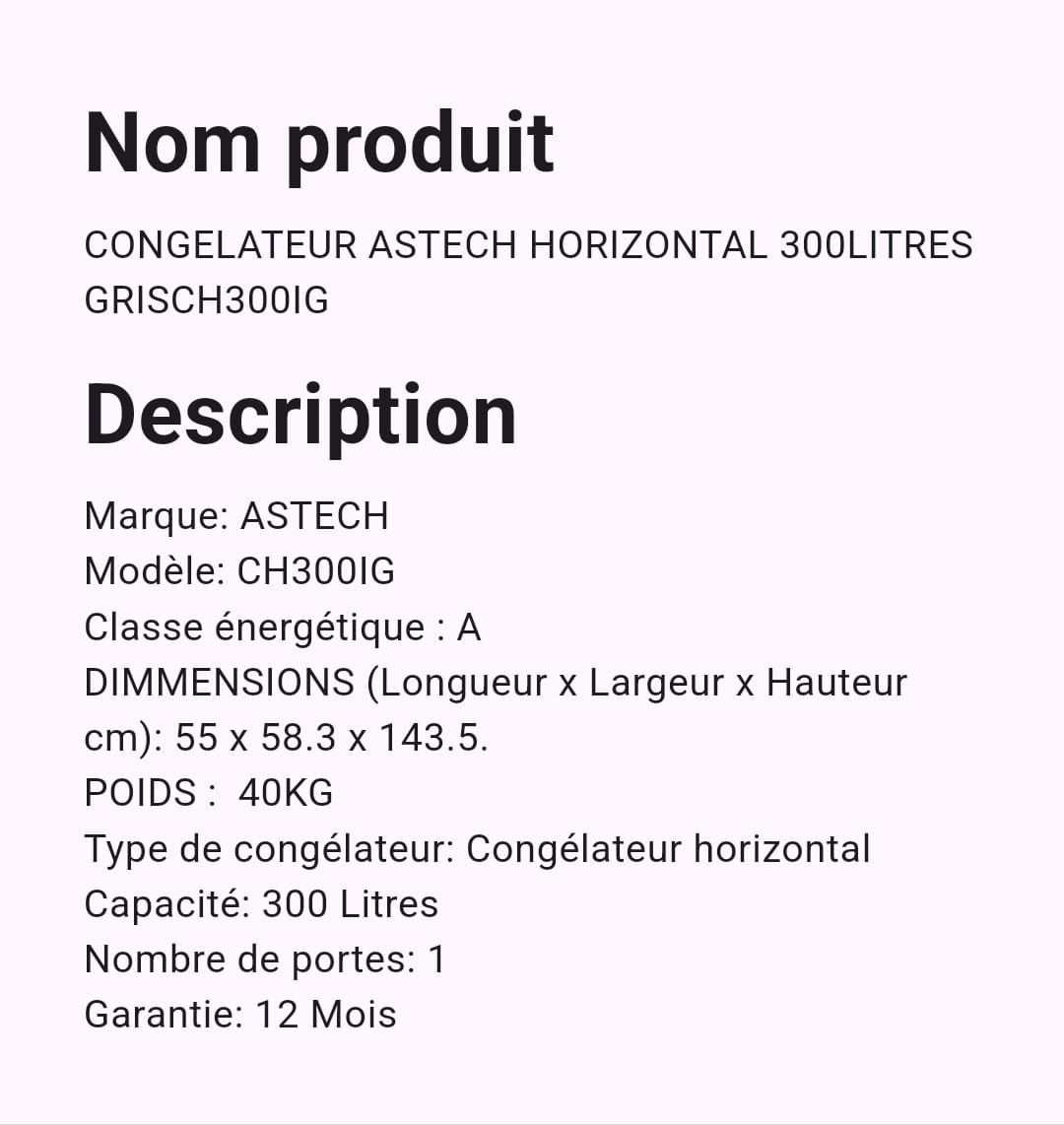Congélateur Astech horizontal 300 Litres CH300IG Congélateur Astech horizontal 300 Litres CH300IG