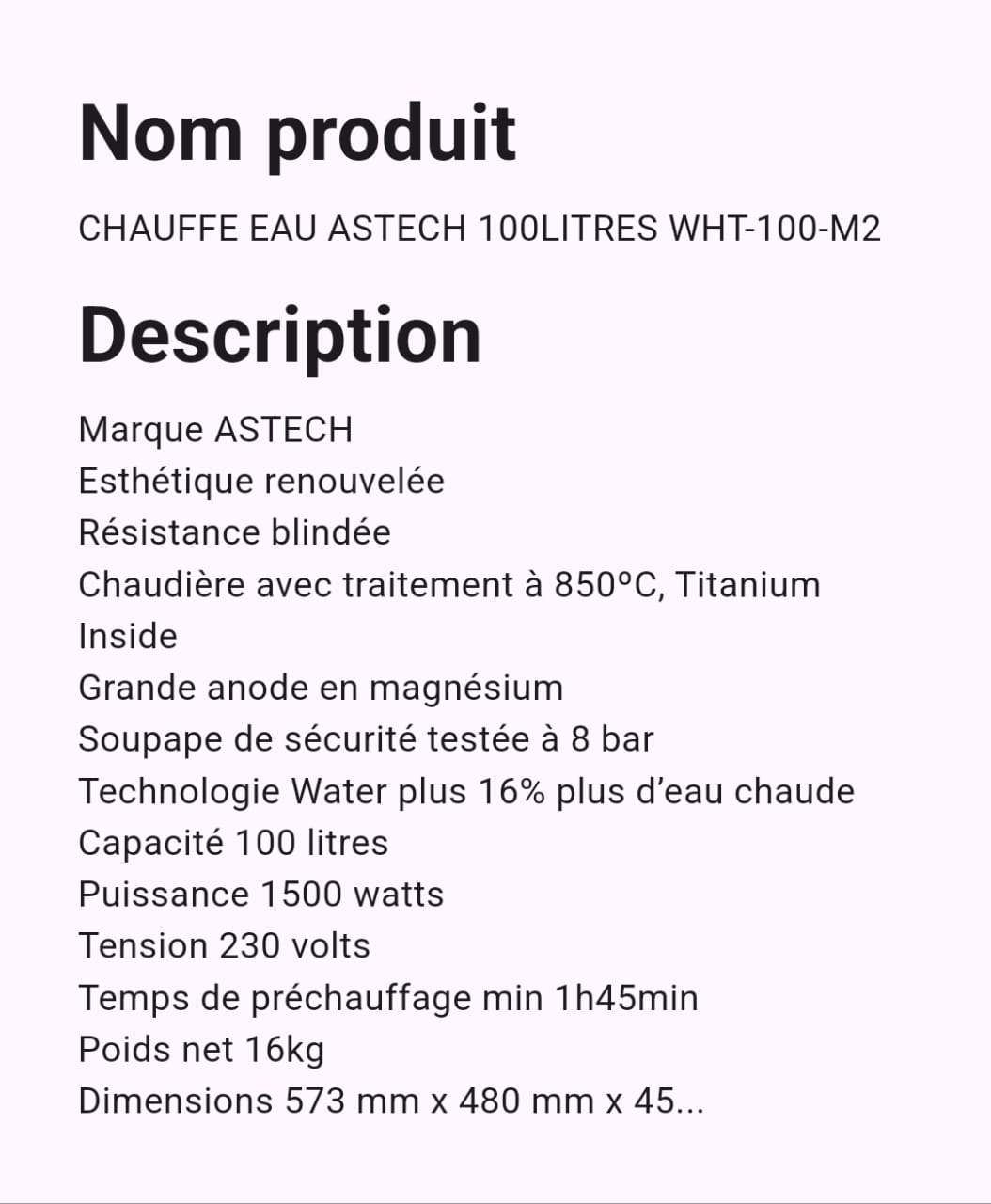 CHAUFFE EAU ASTECH 100 LITRES WHT100M2 CHAUFFE EAU ASTECH 100 LITRES WHT100M2