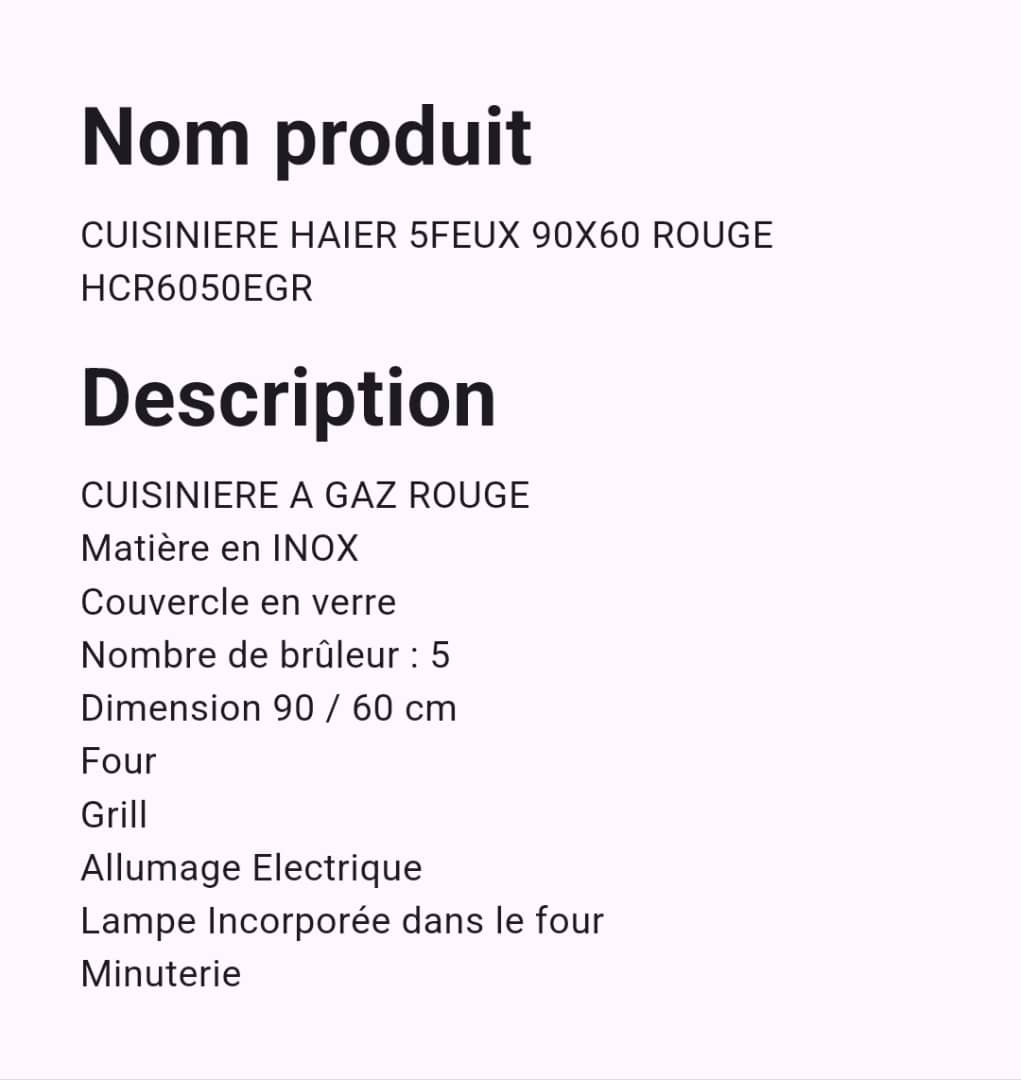 Cuisinière Haier 5 Feux 90 x 60 Inox Cuisinière Haier 5 Feux 90 x 60 Inox