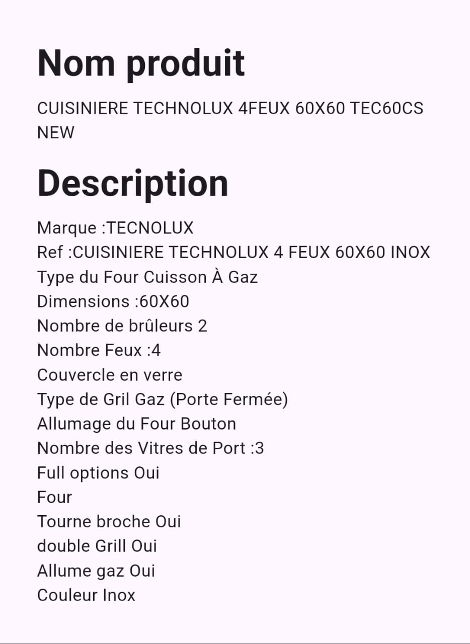 Cuisinière Technolux 4 Feux 60 x 60 Inox Cuisinière Technolux 4 Feux 60 x 60 Inox