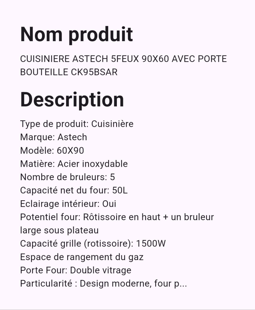 Cuisinière Astech 5 Feux 90 x 60 Inox Cuisinière Astech 5 Feux 90 x 60 Inox