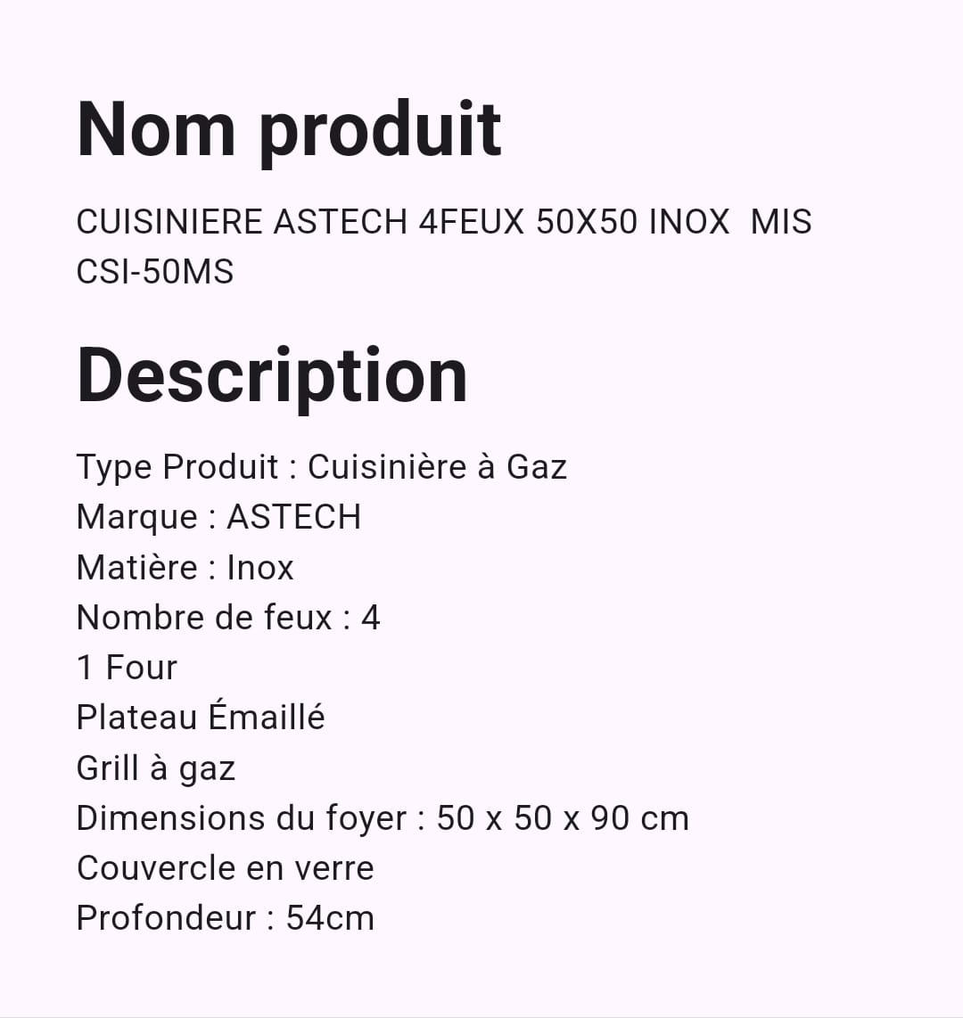 Cuisinière Astech 4 Feux 50 x 50 Inox Cuisinière Astech 4 Feux 50 x 50 Inox