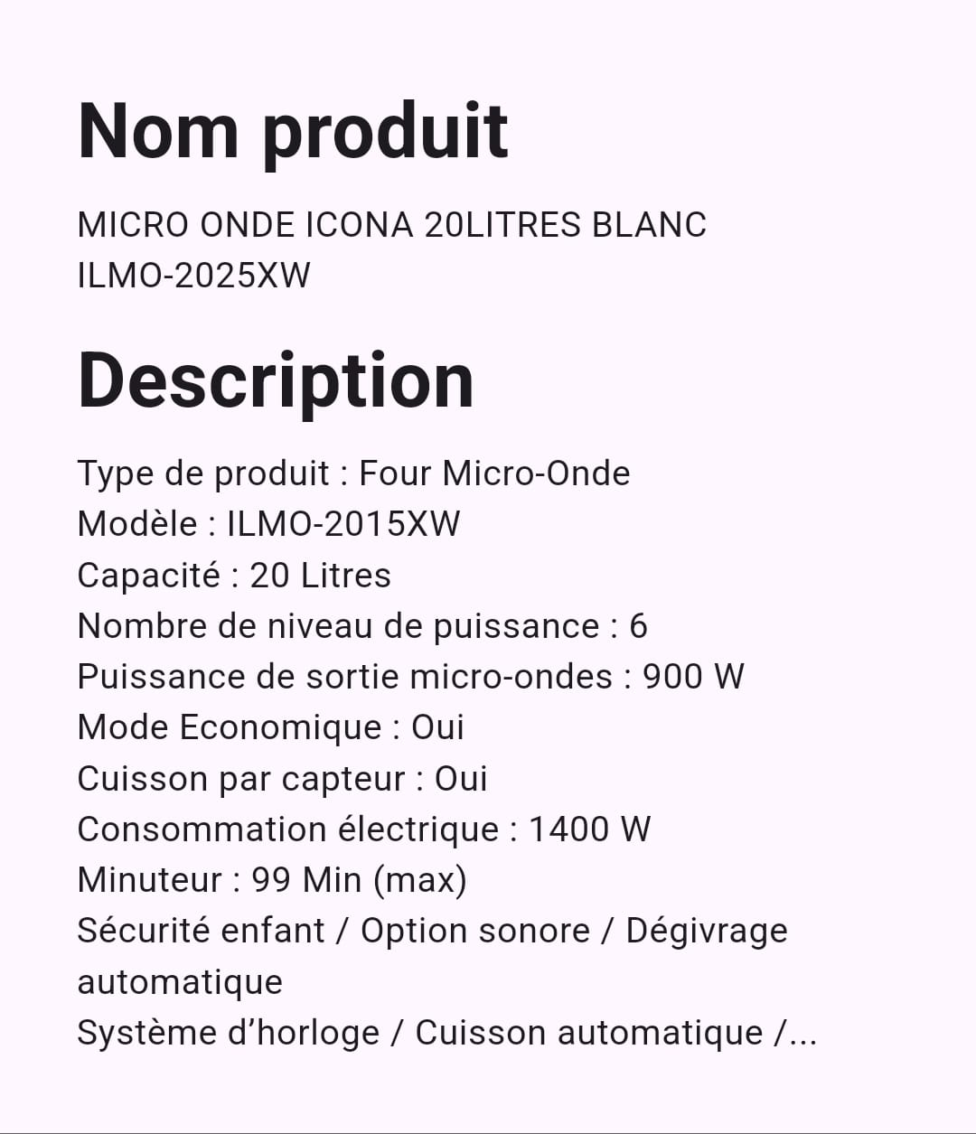 Micro-ondes Icona 20 Litres Micro-ondes Icona 20 Litres