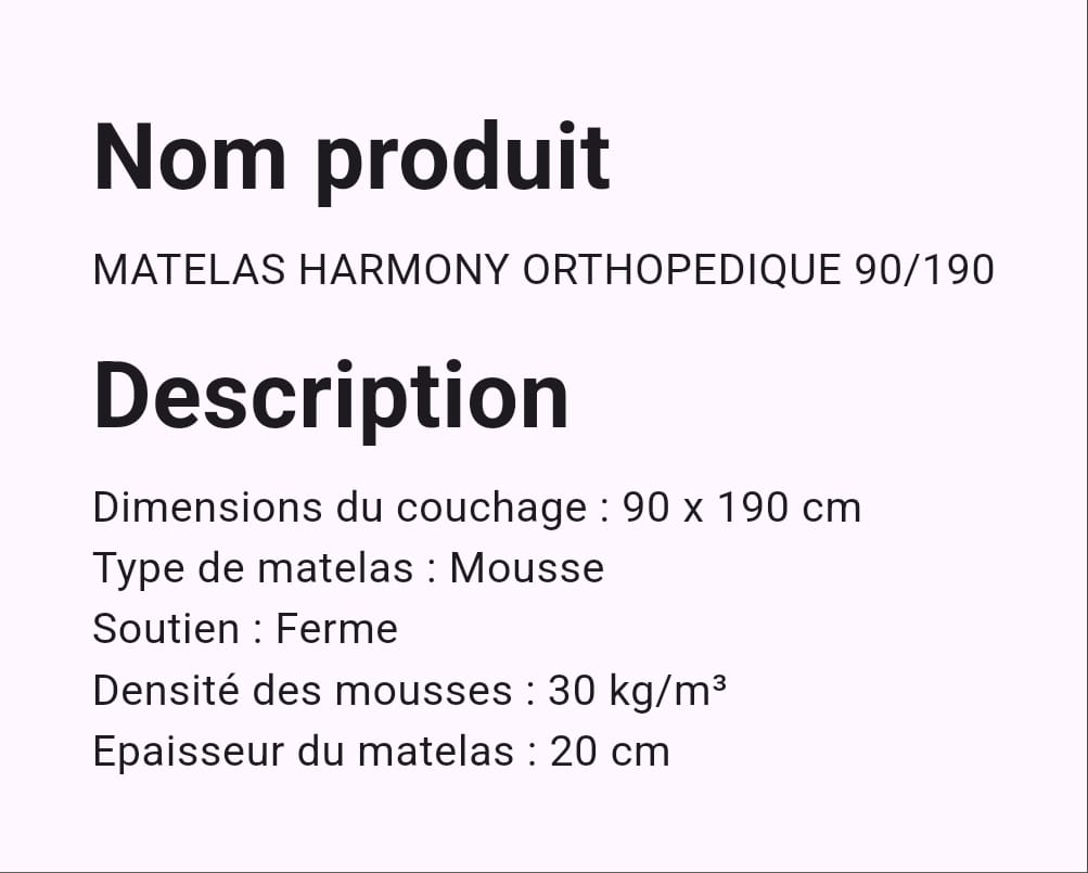 Matelas Harmony orthopédique 90/190 Matelas Harmony orthopédique 90/190