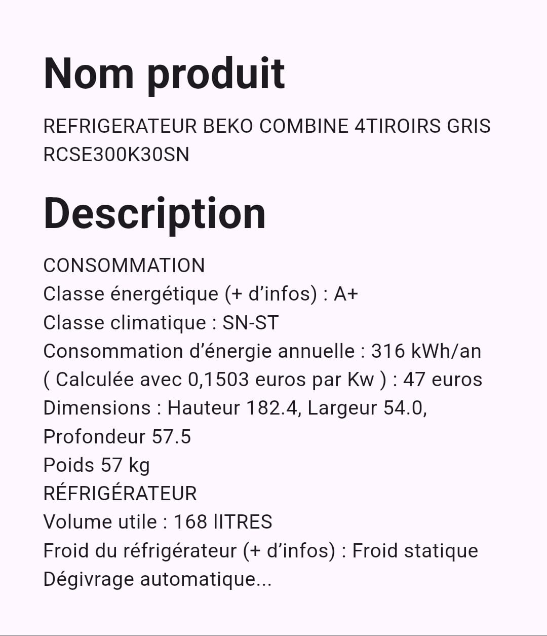 Réfrigérateur Beko Combine 4 Tiroirs Réfrigérateur Beko Combine 4 Tiroirs