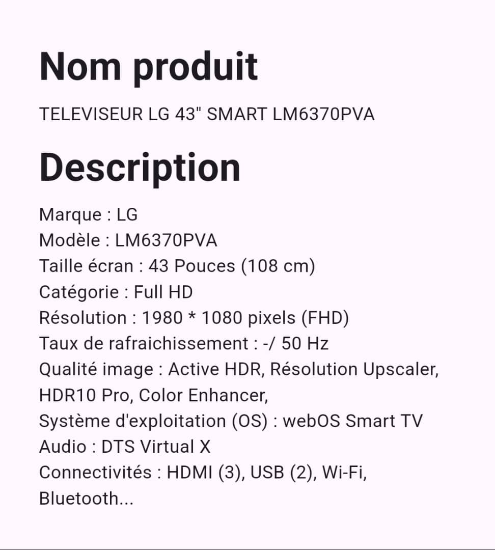 Téléviseur LG 43" Smart Téléviseur LG 43" Smart