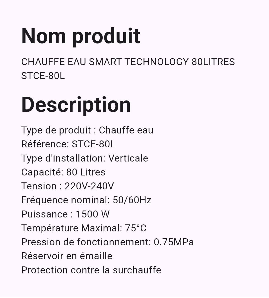 Chauffe Eau Smart Technology 80 Litres Chauffe Eau Smart Technology 80 Litres