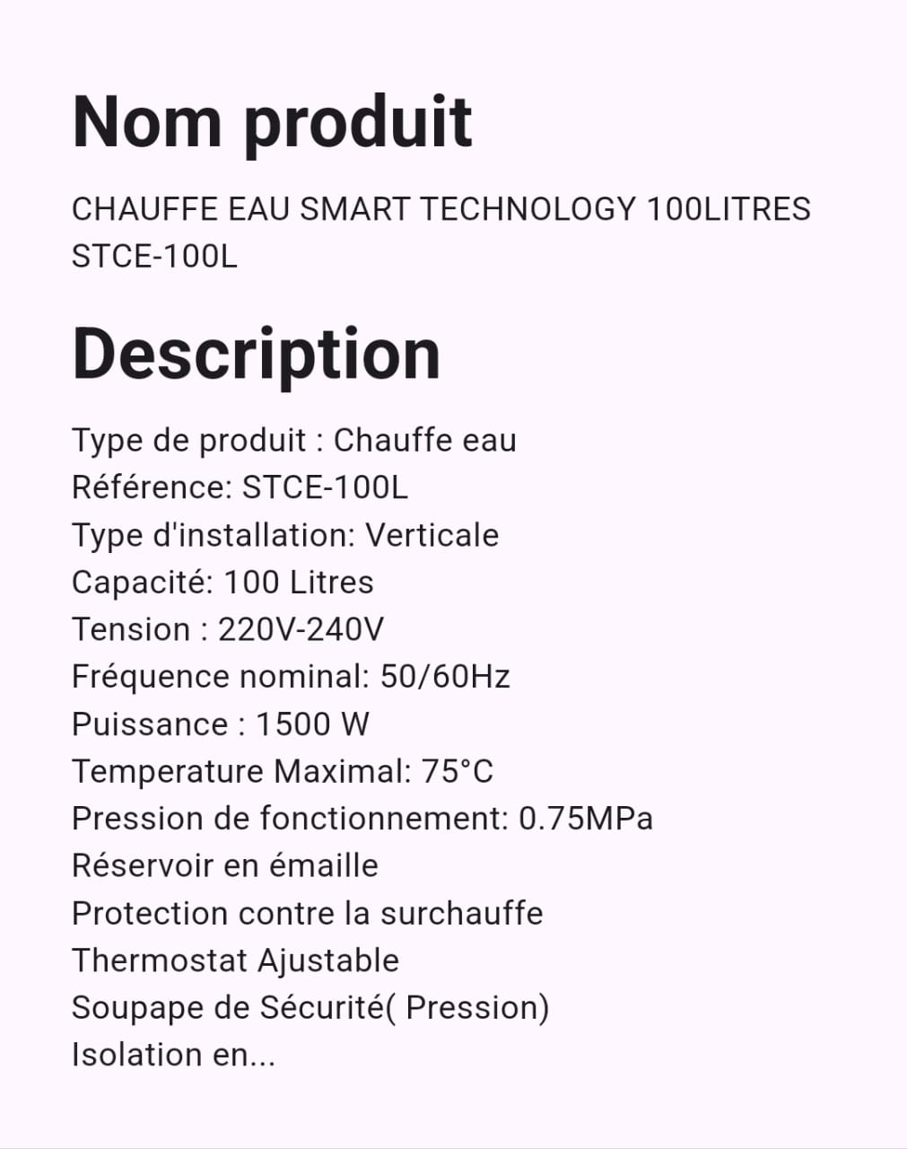 Chauffe Eau Smart Technology 100 Litres Chauffe Eau Smart Technology 100 Litres