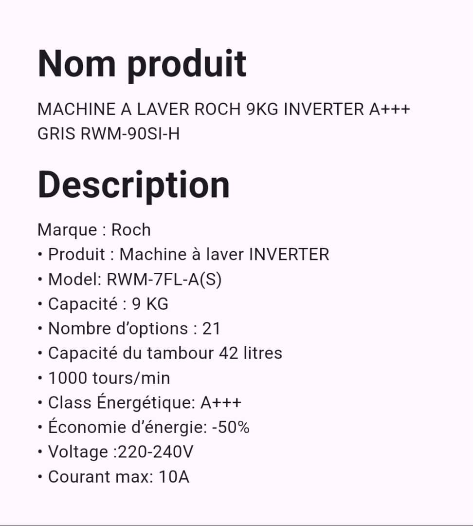 Machine A Laver Roch Inverter 9 Kg A+++ Machine A Laver Roch Inverter 9 Kg A+++