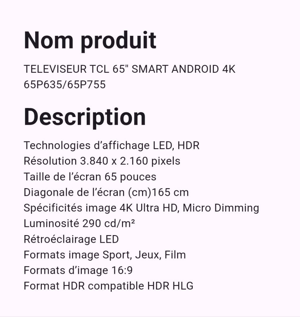 Téléviseur TLC 65" Smart Android Téléviseur TLC 65" Smart Android