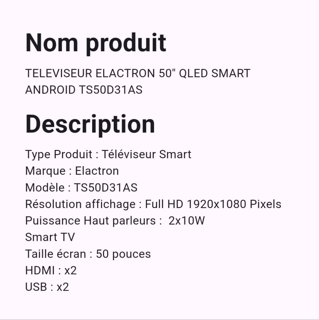Téléviseur Elactron 50" Smart Qled Smart Android Téléviseur Elactron 50" Smart Qled Smart Android
